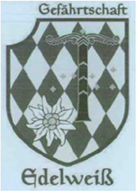 Wappen mit Beschriftung "Gefährtschaft Edelweiß", sepia-weißes Karo-Muster mit Blüte, Irminsul und Sternenkonstellation