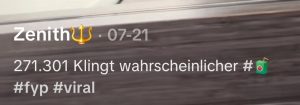 Screenshot eines TikTok-Beschreibungstextes: "271.301 klingt wahrscheinlicher #🧃"